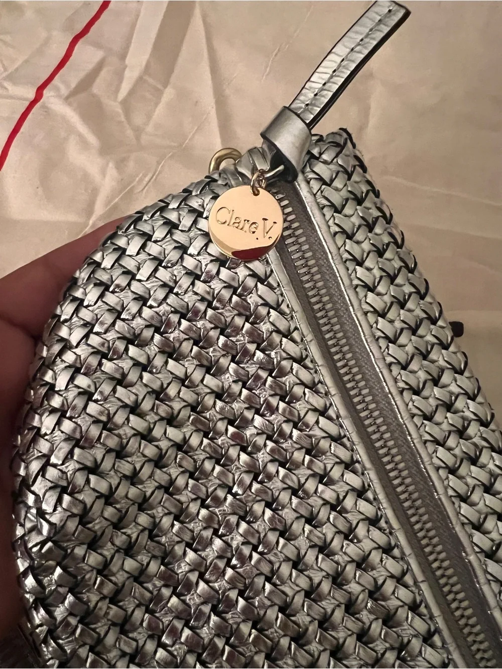 Metallic Silver Woven Crossbody Bag - mini